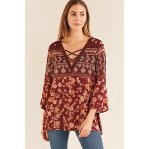 Signature Studio Burgundy Top Floral Velvet Trim 3/4 Sleeve Boho Peasant Size 2X